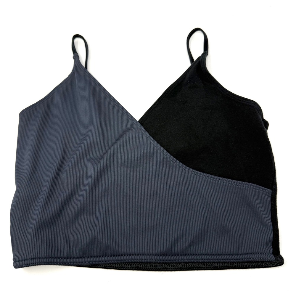 Victoria Sport Grey Black Ribbed Crossover Colorblock Bralette Crop Top V-Neck S